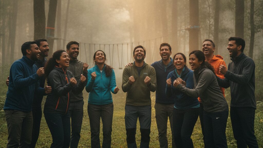 Corporate sports day resort near mumbai candid photorealistic