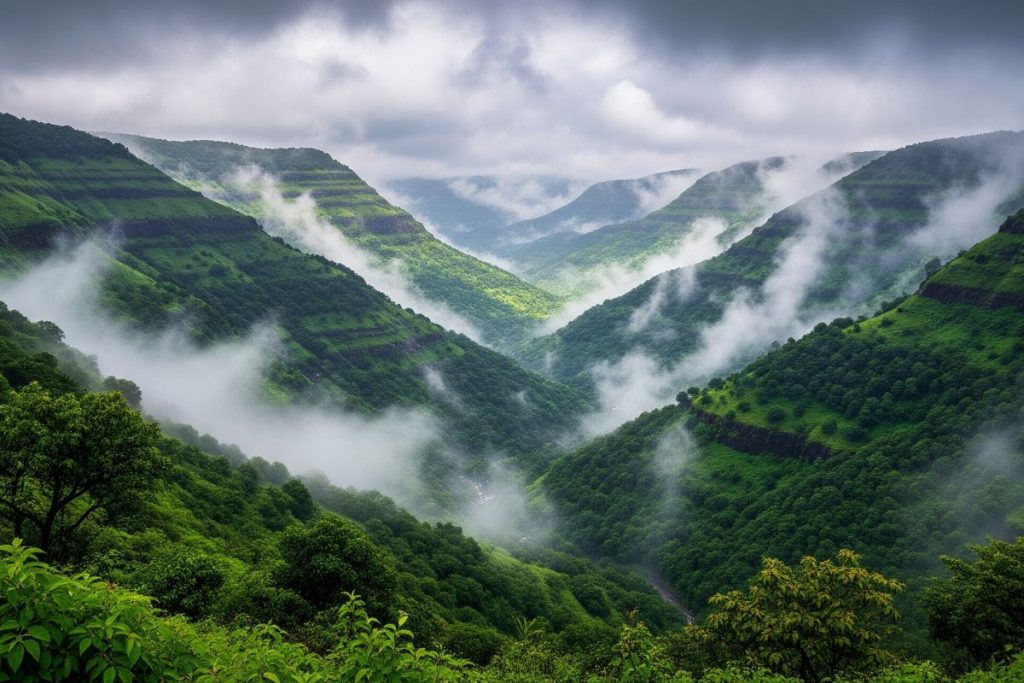 Panoramic view of Igatpuri valley during monsoon with lush green hills and low-hanging clouds