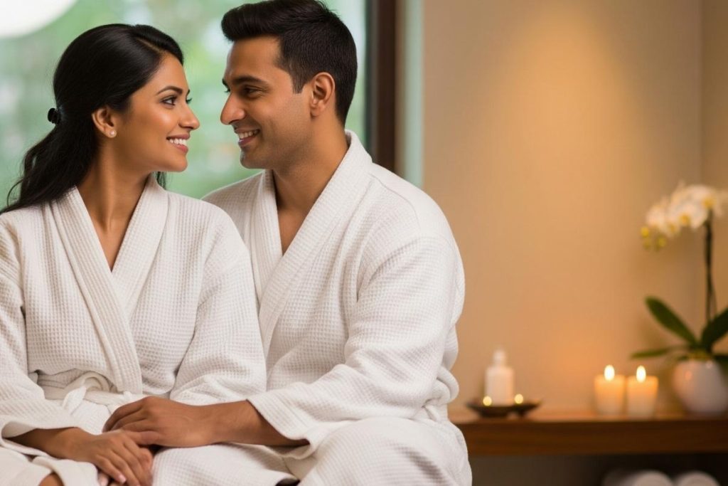 A relaxed couple smiling at each other in plush white robes at a luxury spa.