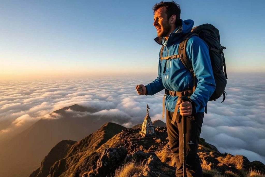 A trekker reaching the summit of Kalsubai Peak, with clouds below.