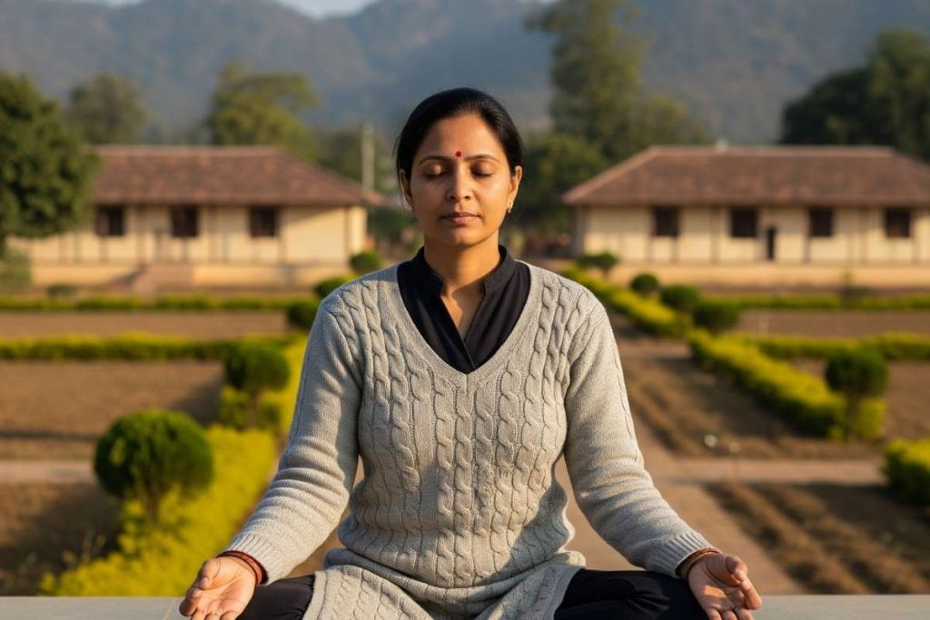 A woman meditating peacefully with the serene landscape of the Vipassana center in the background