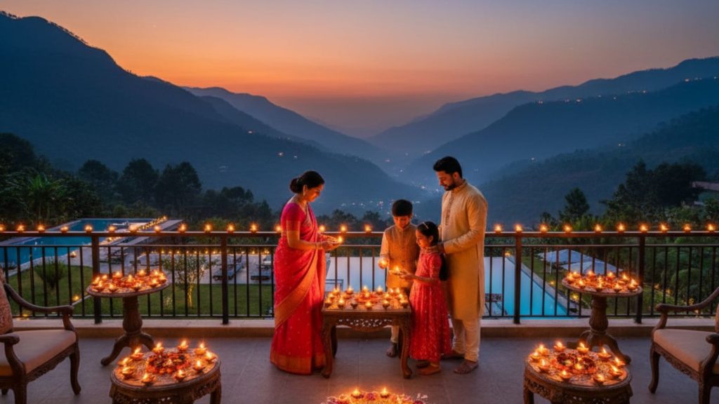 A family dressed in traditional attire lighting earthen diyas on a resort balcony overlooking the Sahyadri mountains at dusk.