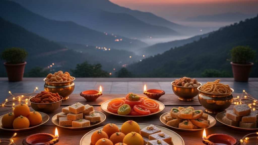 A gourmet spread of traditional Indian Diwali sweets and savories arranged elegantly on a table with a mountain view