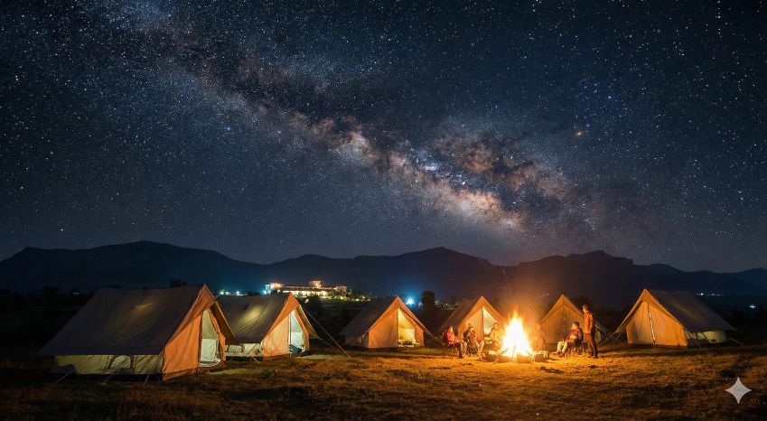 Panoramic night view of camping tents under a starry sky in the hills of Igatpuri with a bonfire glowing nearby