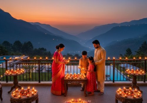 A family dressed in traditional attire lighting earthen diyas on a resort balcony overlooking the Sahyadri mountains at dusk.