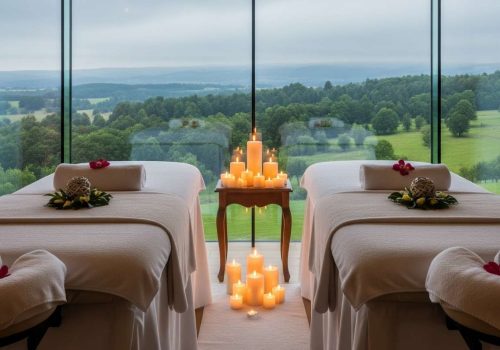 Side-by-side massage tables in a serene candle-lit spa room overlooking a lush green landscape